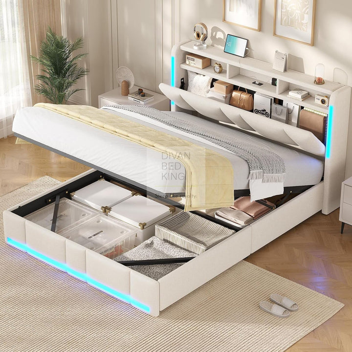 Castellano Beige Linen Ottoman Storage Bed with LED Lights, Type C and USB Charging Headboard Storage Shelf