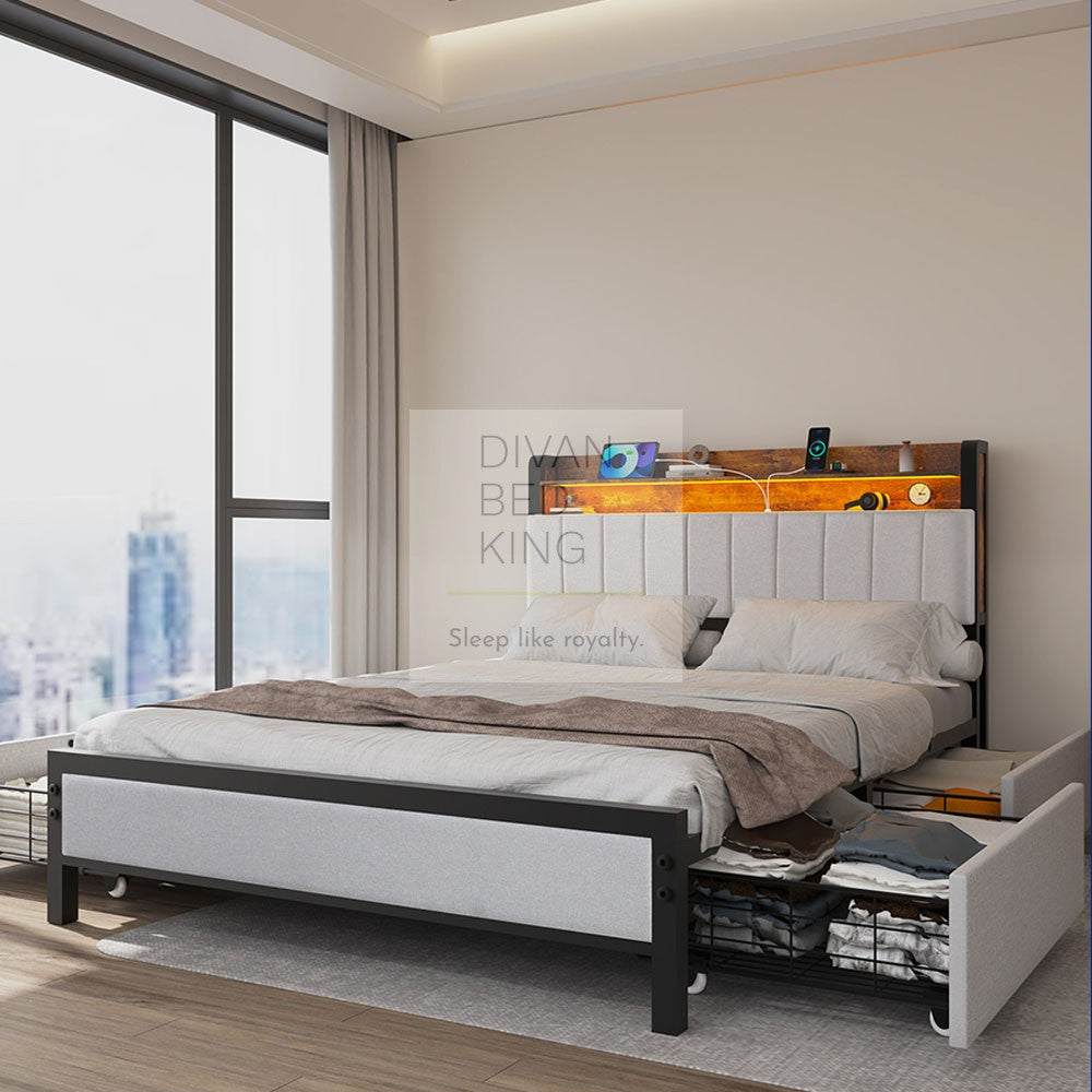 Henry Off-White Linen Metal Bed with 4 Drawers with Headboard Shelves, LED, USB and Power Outlet