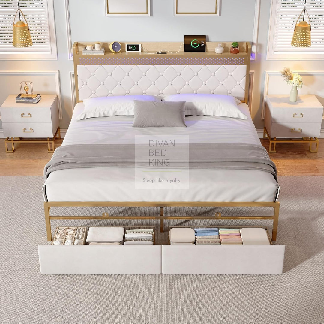 Arellano Winged Biege Velvet LED Metal Smart Bed with 2 Drawers USB, Type-C Charging Storage Headboard Shelf