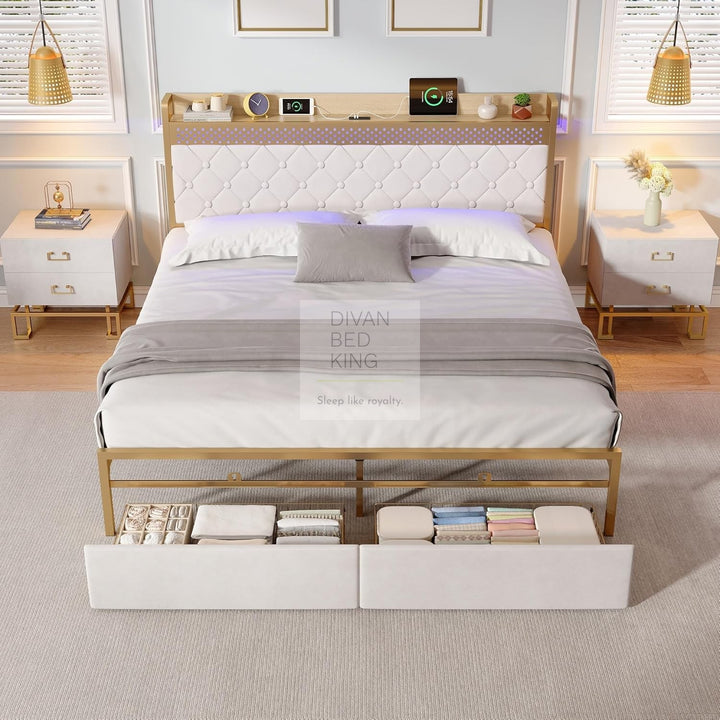 Arellano Winged Biege Velvet LED Metal Smart Bed with 2 Drawers USB, Type-C Charging Storage Headboard Shelf