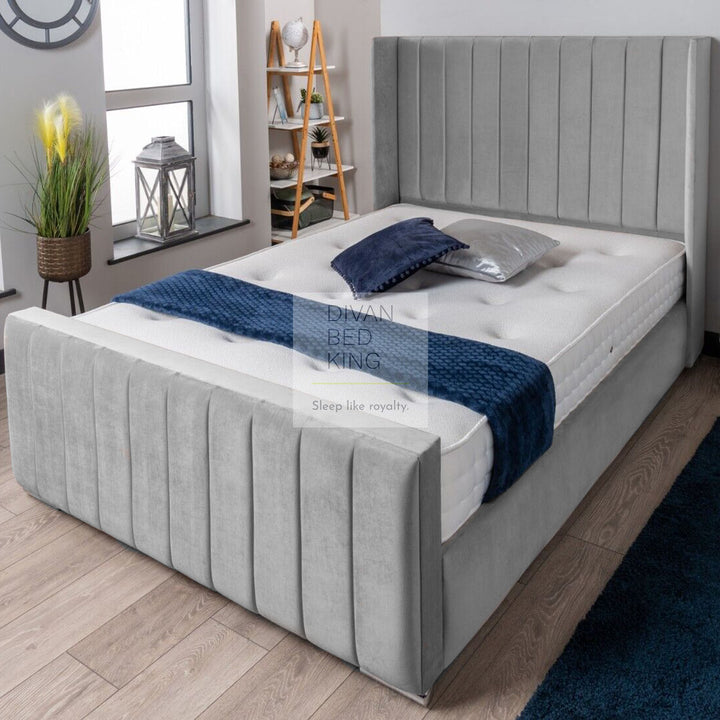 Peterina Grey Velvet Wingback Ottoman Storage Bed Frame