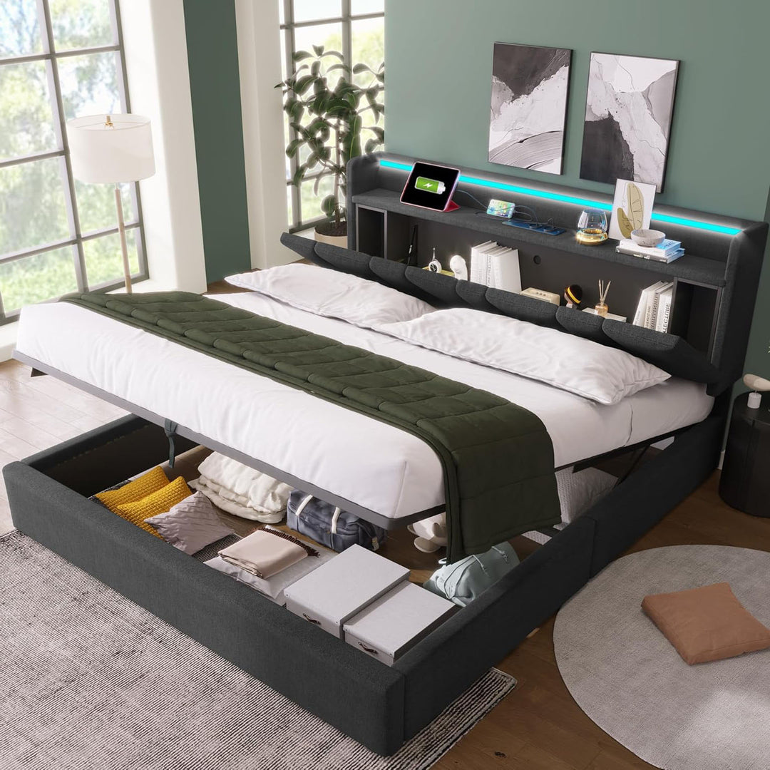 Kyoto Charcoal Linen Ottoman Bed with LED Lights, Power Outlets, Type C and USB Charging Headboard Storage Shelf