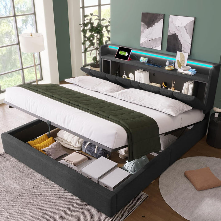 Kyoto Charcoal Linen Ottoman Bed with LED Lights, Power Outlets, Type C and USB Charging Headboard Storage Shelf
