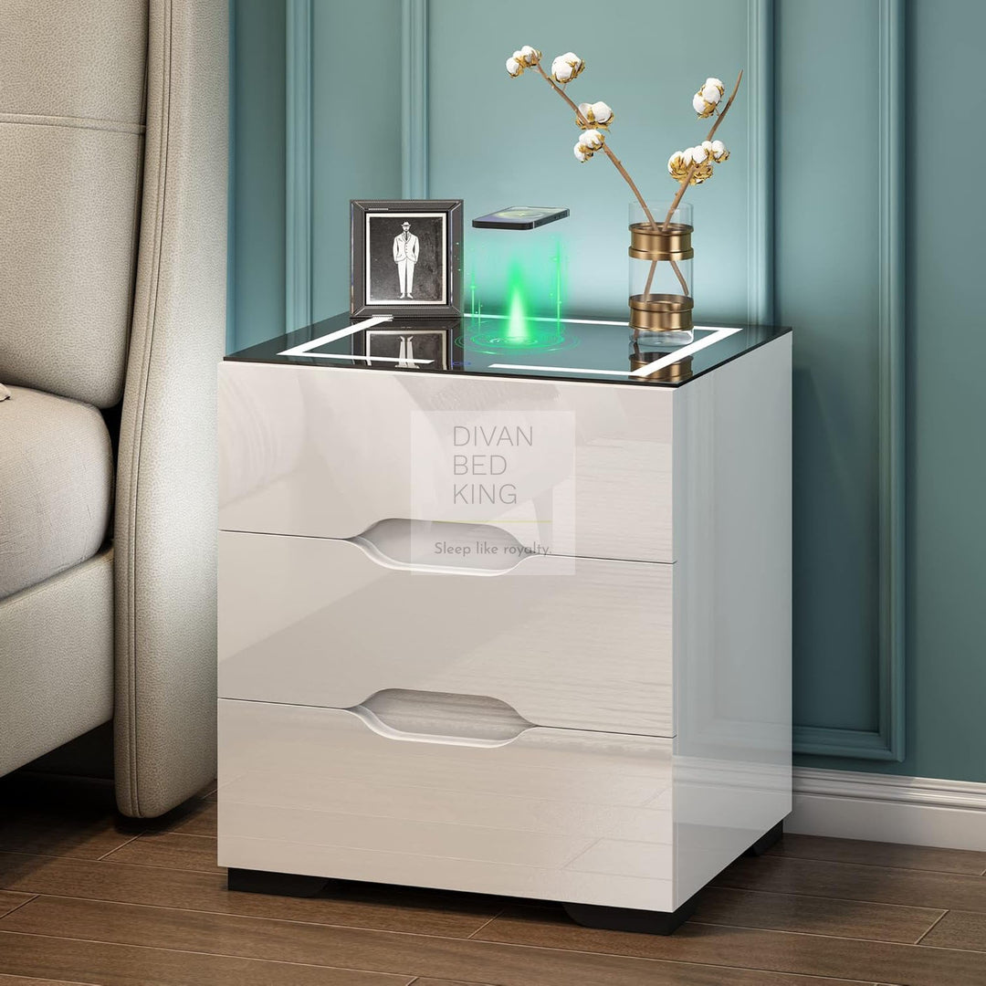 Barrera 3 Drawer White High Gloss Smart LED Bedside Table with USB and Wireless Charging