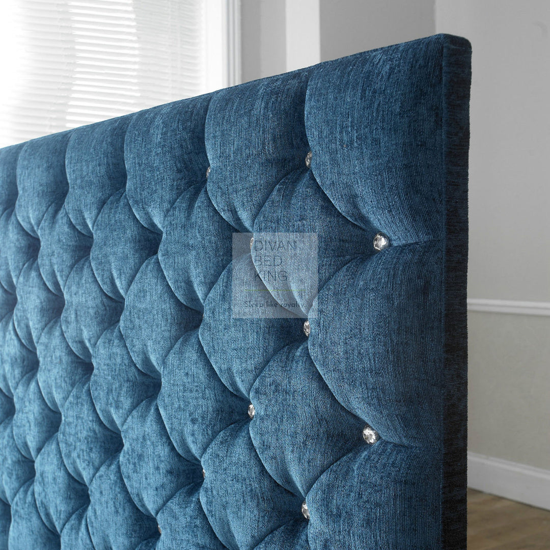 Grandeur Chesterfield Design Blue Chenille Floor Standing Divan Bed Headboard