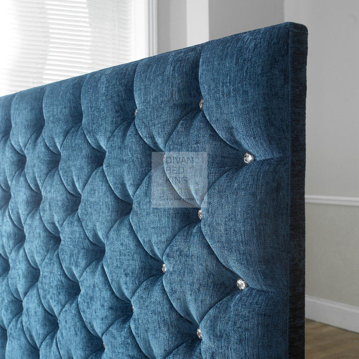 Grandeur Chesterfield Design Blue Chenille Floor Standing Divan Bed Headboard