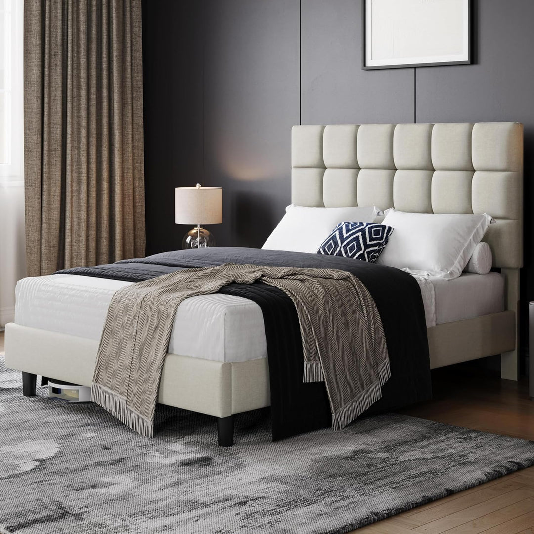 Armando Beige Linen Fabric Upholstered Bed Frame