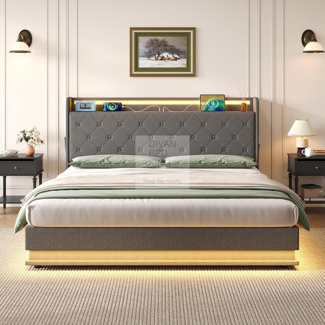 Castello Grey Linen Ottoman Storage Bed with LED Lights, Type C and USB Charging Headboard Storage Shelf