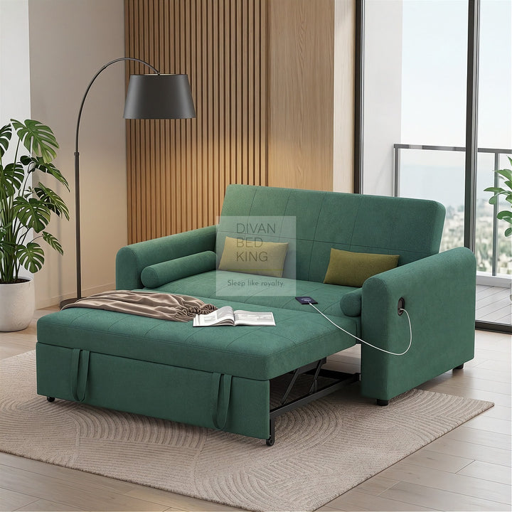 Kimora Green Linen Smart Daybed Sofa Bed with USB & Type C Charging and Matching Pillows