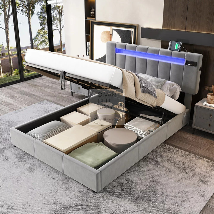 Sierra LED Grey Ottoman Storage Bed with Bluetooth Speakers & USB Ports