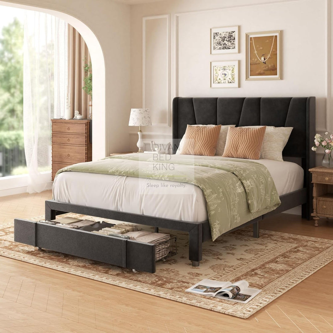 Catanzaro Wingback Black Linen Bed Frame with Large End Drawer Storage