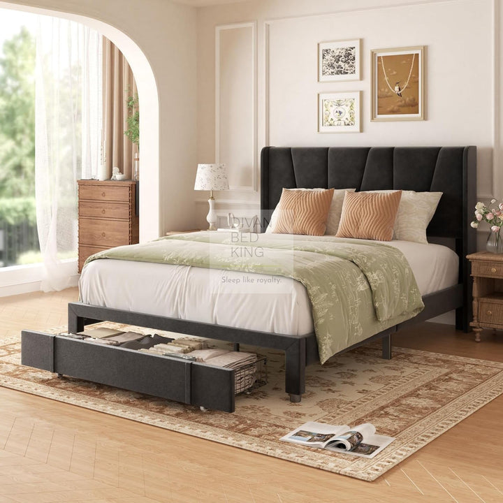 Catanzaro Wingback Black Linen Bed Frame with Large End Drawer Storage