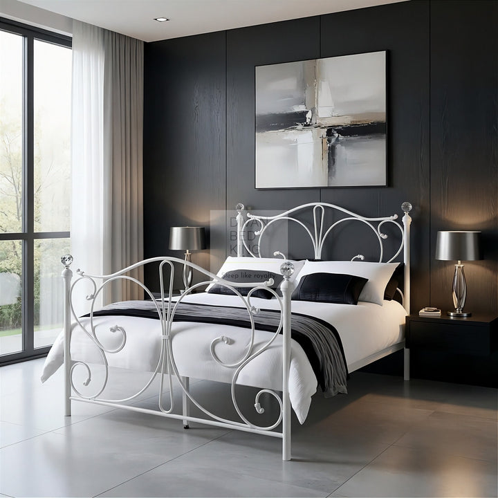 Rosella Crystal Finial White Metal Bed with Footboard and Optional Drawers