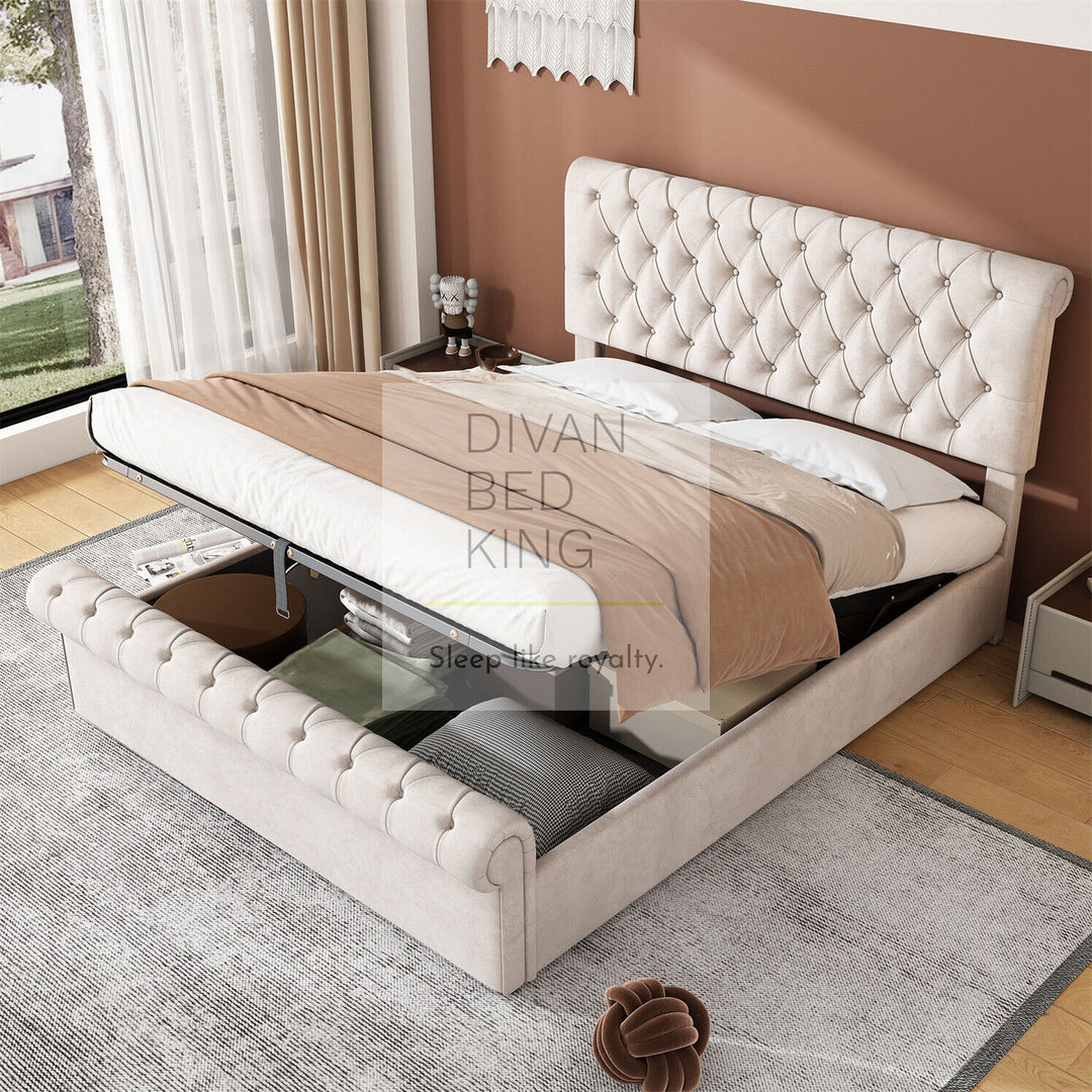 Savannah Cream Beige Plush Velvet Sleigh Ottoman Storage Bed Frame