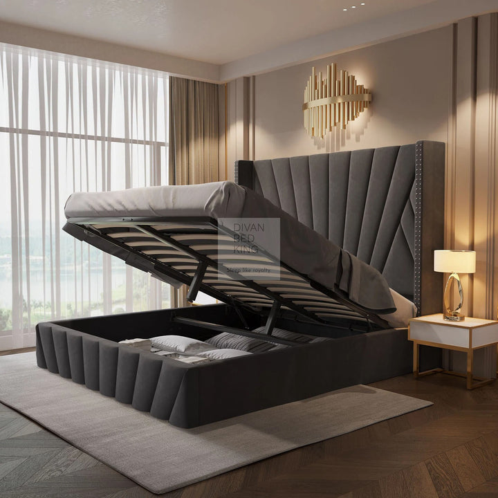 Veneto Grey Luxury Upholstered Headboard Ottoman Storage Bed