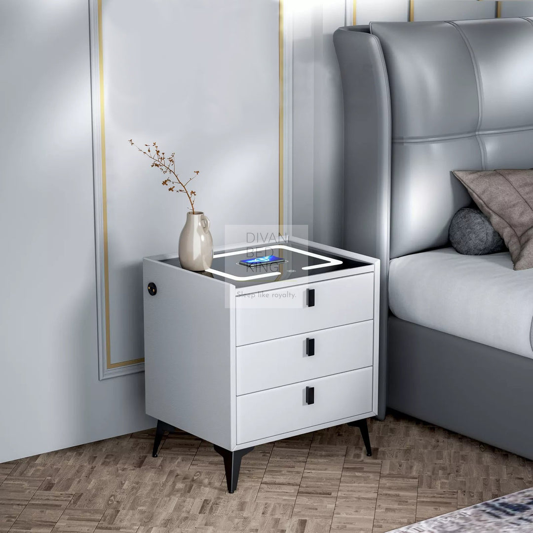 Elara White 3 Drawer Smart LED Bedside Table with USB, Type C and Wireless Charging