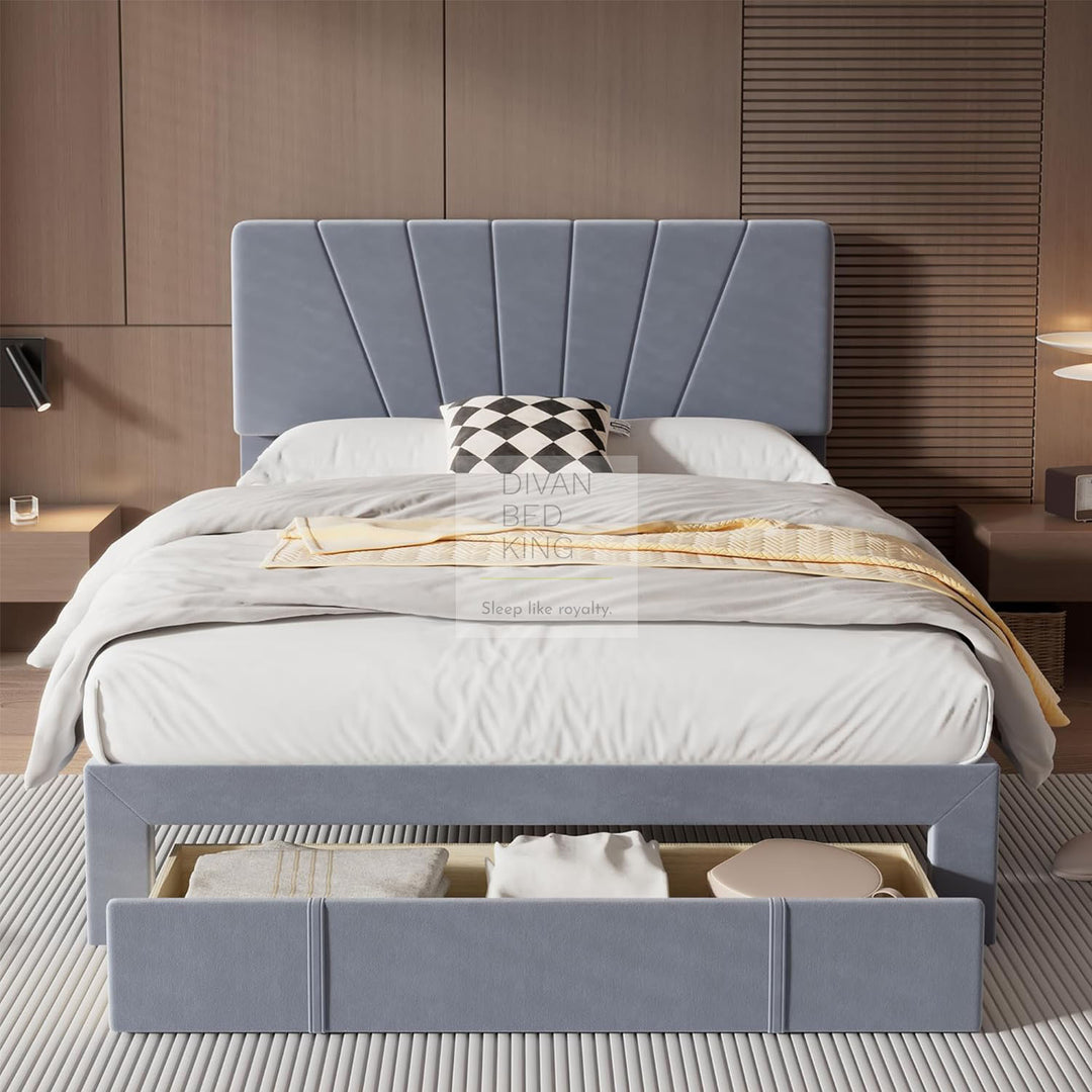 Palmiro Grey Plush Velvet Storage Bed with Large Drawer and Adjustable Headboard