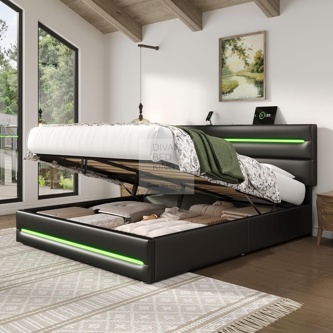 Desulo Black Leather Smart Ottoman Bed with LED Lighting, Type C, and USB Charging