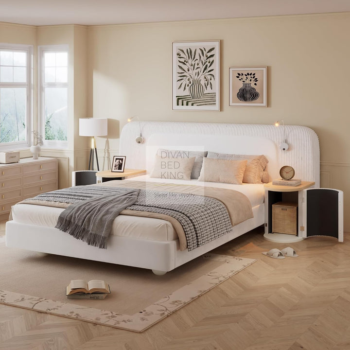 Nuragas Oversized Headboard Beige Velvet Bed Frame with Integrated Lighting & 2 Bedside Tables