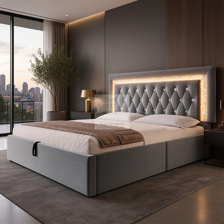 Adela Grey Velvet Diamante Crystal Bed Ottoman Storage Smart Bed with Glitter LED Lights, USB and Type-C Charging