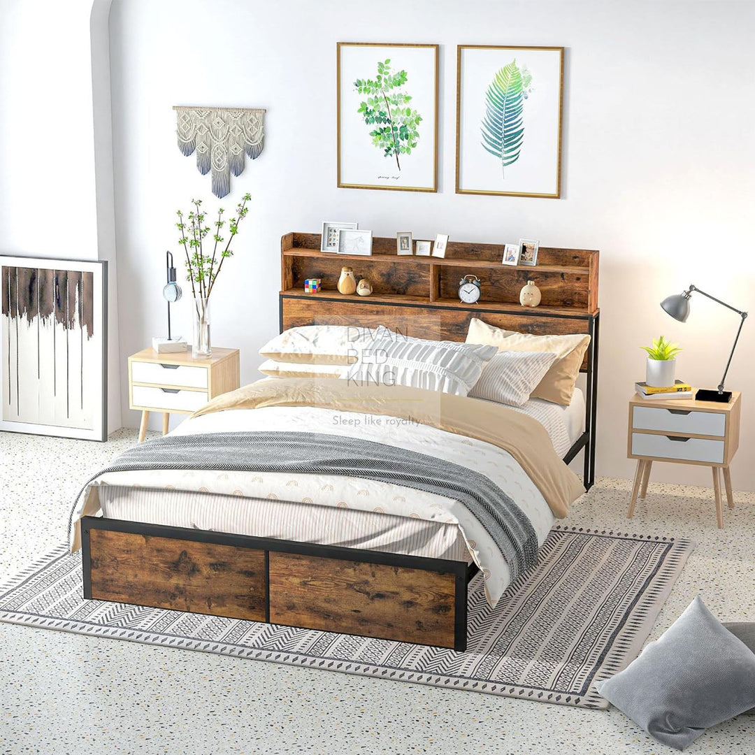 Henry Metal Divan Bed with Headboard Storage, Shelves & Optional Drawers