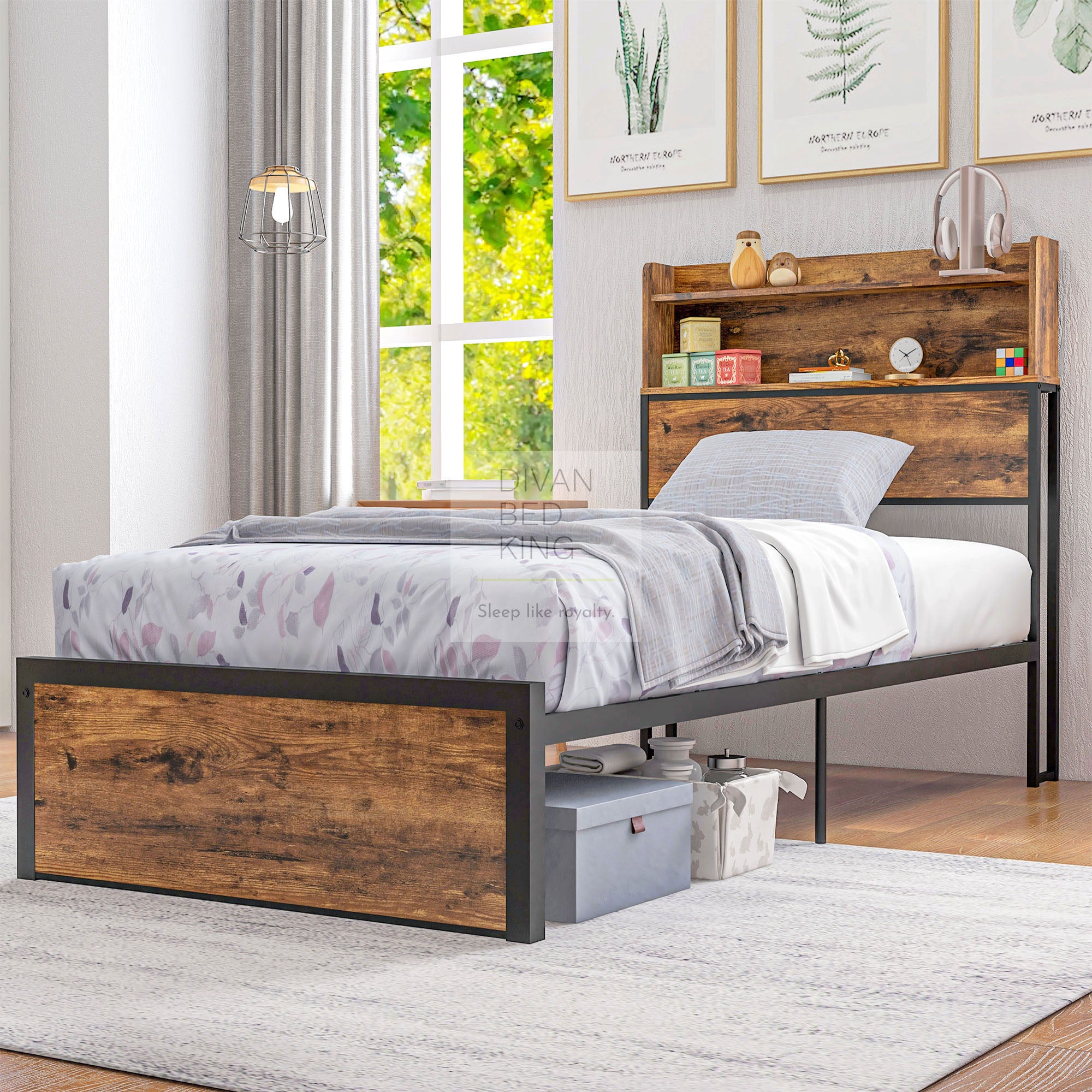 Metal Divan Henry Kids Metal Divan Bed with Headboard Storage, Shelves & Optional ...