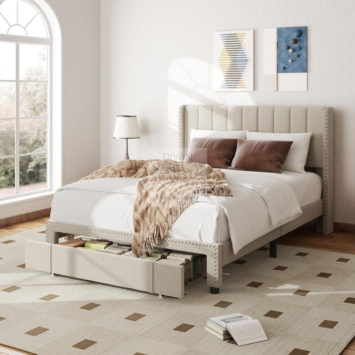Catania Wingback Panel Headboard Beige Linen Bed with & 1 Large End Drawer Storage