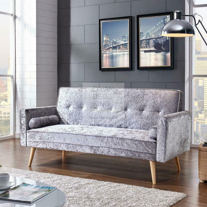 Amos Silver Crushed Velvet 3 Seater Sofa Bed Couch with Pillows