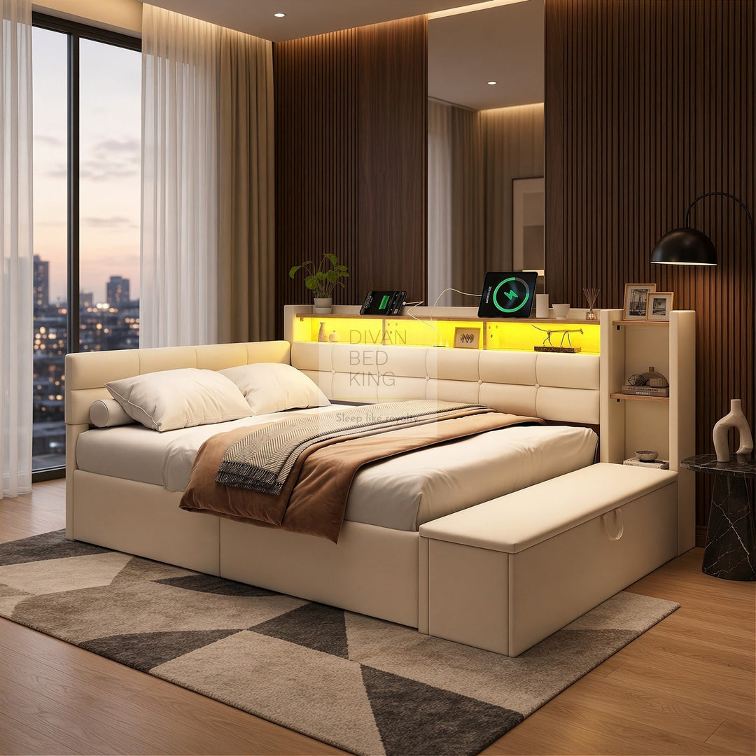 Avayah Beige Linen Smart Daybed Sofa Bed with 2 Drawers, LED Shelves Storage, USB & Type C Charging Station & Storage Box