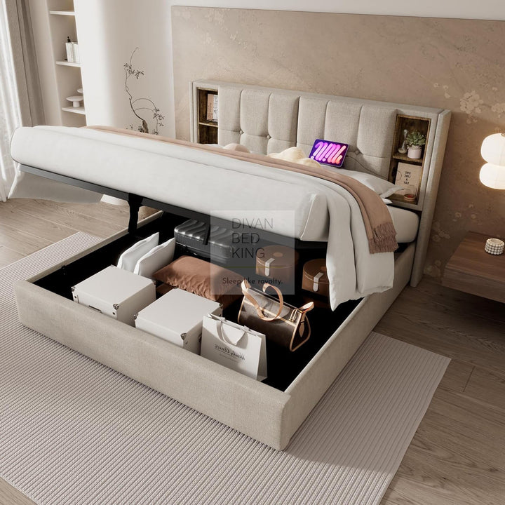 Guevara Beige Cream Linen Ottoman Storage Bed with Type C, USB & Wireless Charging Headboard Shelves