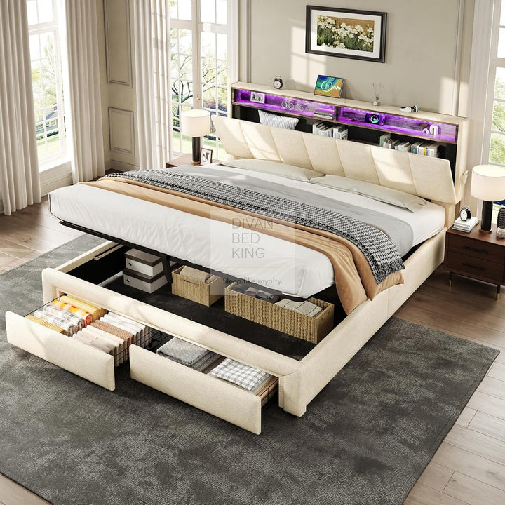Aarya Beige Linen 2 Drawer Ottoman Storage Bed with LED Lights, Type C and USB Charging Headboard Storage Shelf