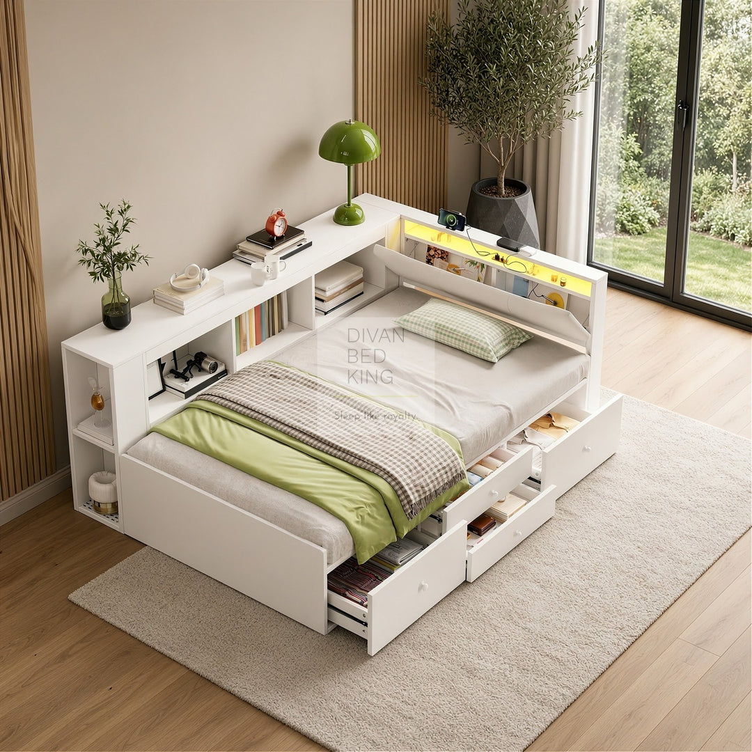 Hartman White Wooden Smart Day Bed with LED Lights, Type C and USB Charging Linen Headboard Storage Shelf