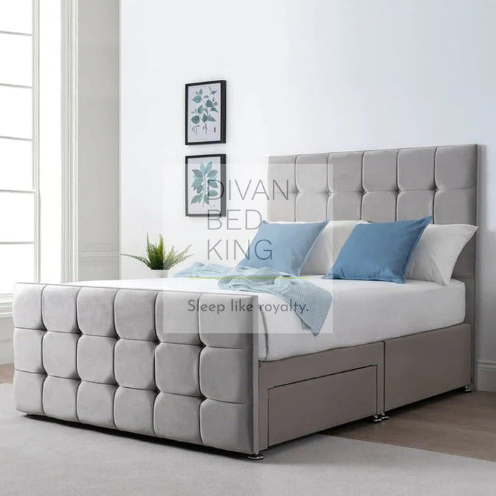 Nolan Divan Bed with Cubed High Floor Standing Headboard and Footboard