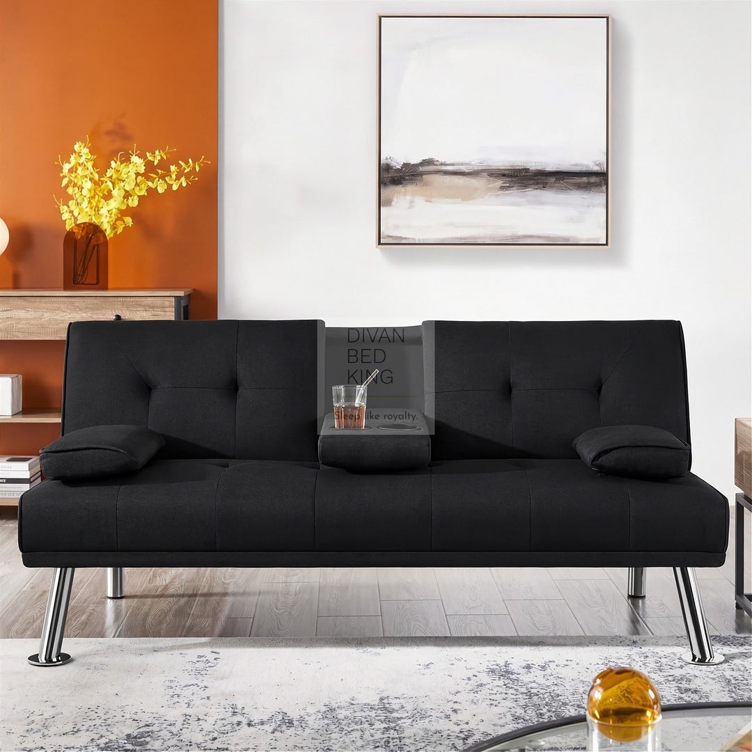 Francesca Black Cotton Sofa Bed with Cup Holders