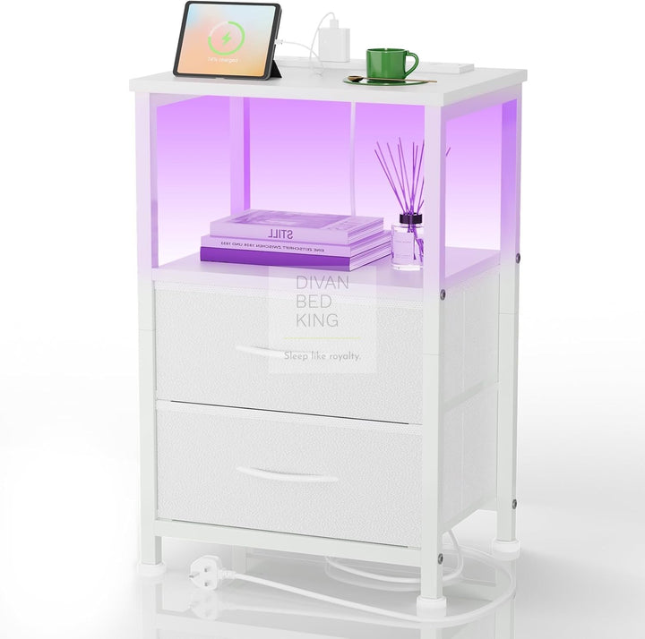 Henry 2 Drawer White Wood and Metal Smart Bedside Table with Shelf