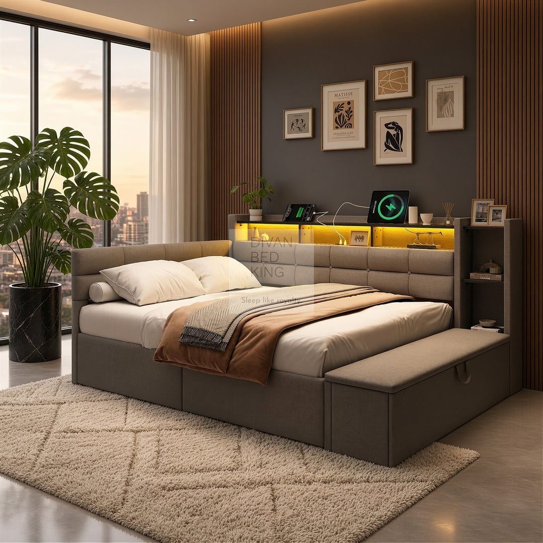 Avayah Grey Linen Smart Daybed Sofa Bed with 2 Drawers, LED Shelves Storage, USB & Type C Charging Station & Storage Box