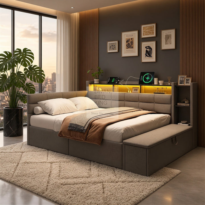 Avayah Grey Linen Smart Daybed Sofa Bed with 2 Drawers, LED Shelves Storage, USB & Type C Charging Station & Storage Box