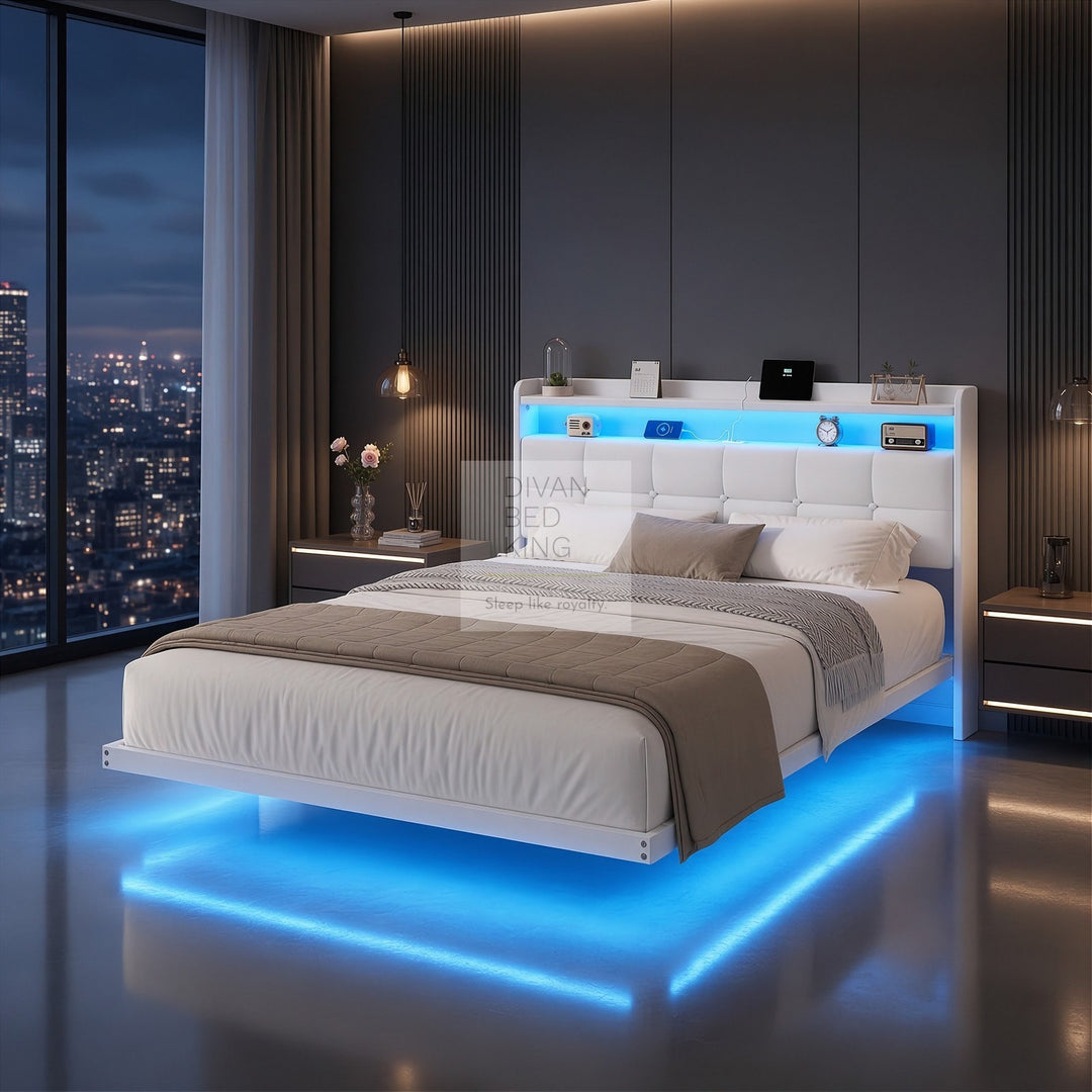 Harleigh Smart Metal Floating Bed with Off-White Padded Storage Headboard, LED Lights, Plug Sockets, USB & Type C Charging Station