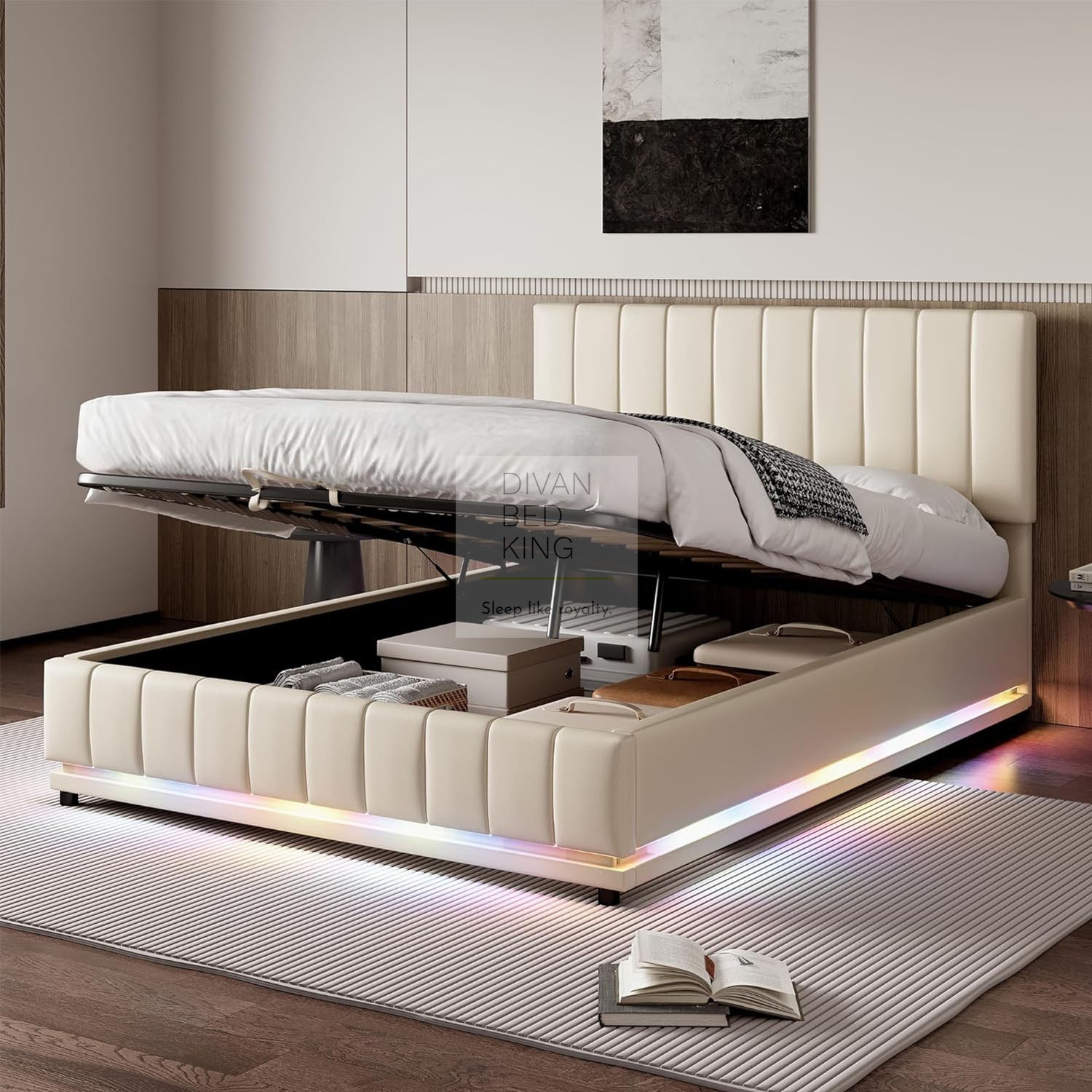 Giuliana Cream Beige Leather LED Ottoman Storage Bed Frame – Divan Bed King