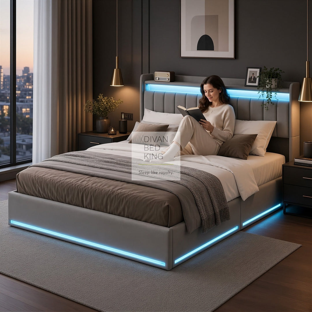 Kairi LED Grey Velvet Ottoman Storage Smart Bed with USB Type C Charging Station on Headboard Storage Shelf