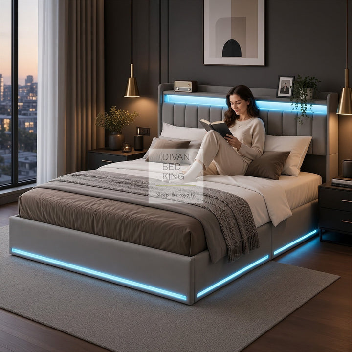 Kairi LED Grey Velvet Ottoman Storage Smart Bed with USB Type C Charging Station on Headboard Storage Shelf