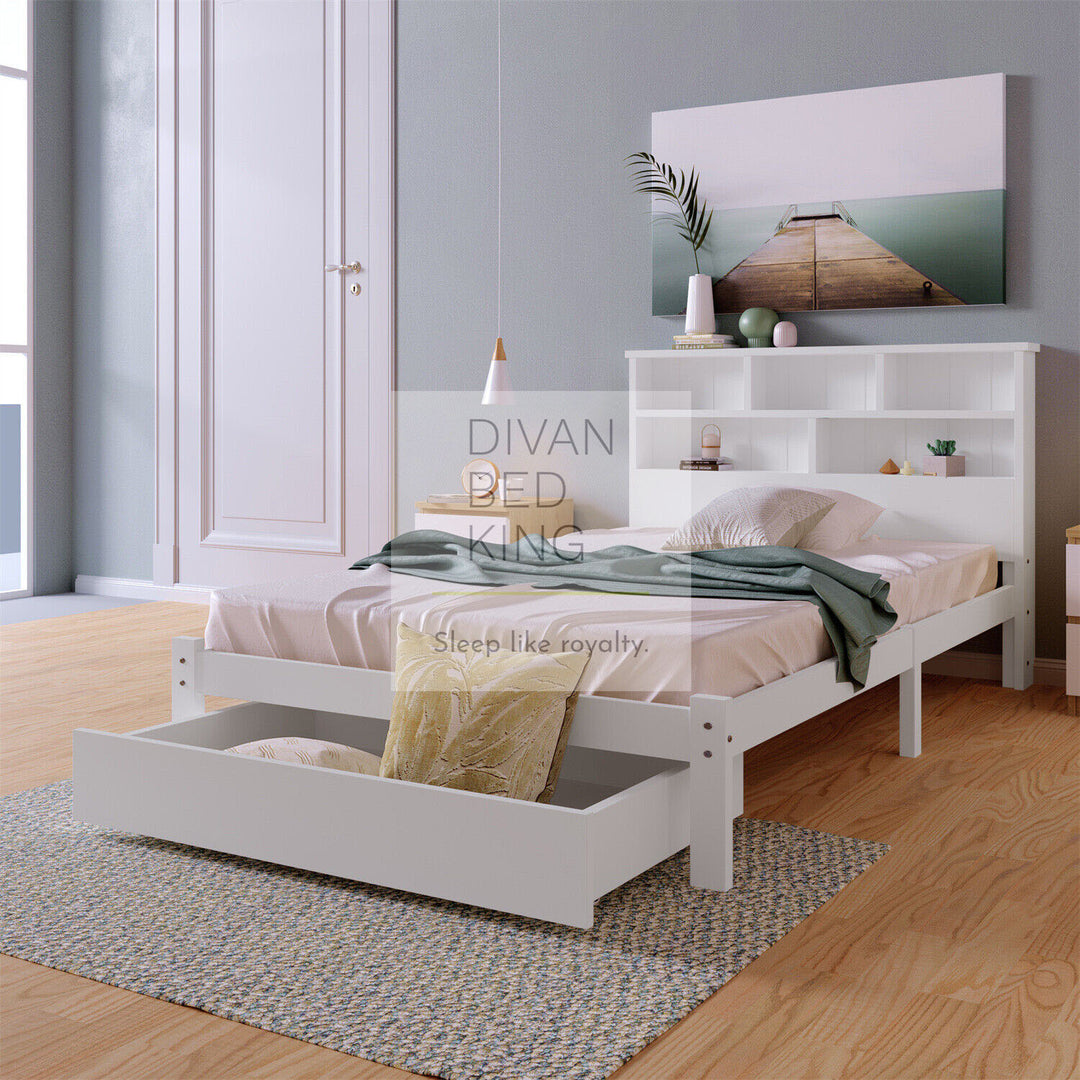 Nelu White Storage Wooden Bed Frame with Shelves and Drawer