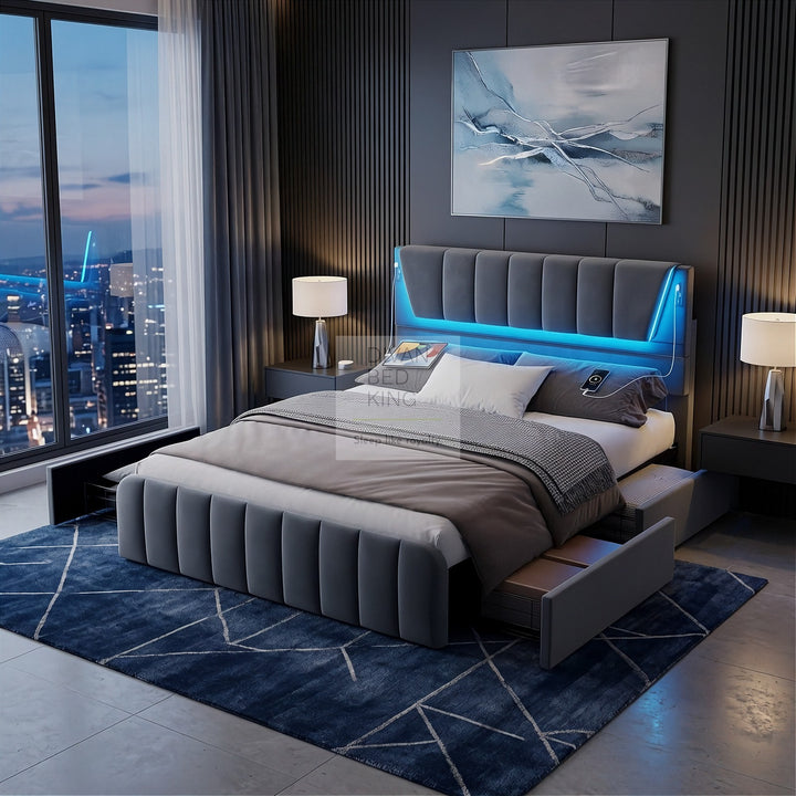 Kamari 4 Drawer Storage Grey Plush Velvet Smart Bed with with LED Lights, USB and Type-C Charging