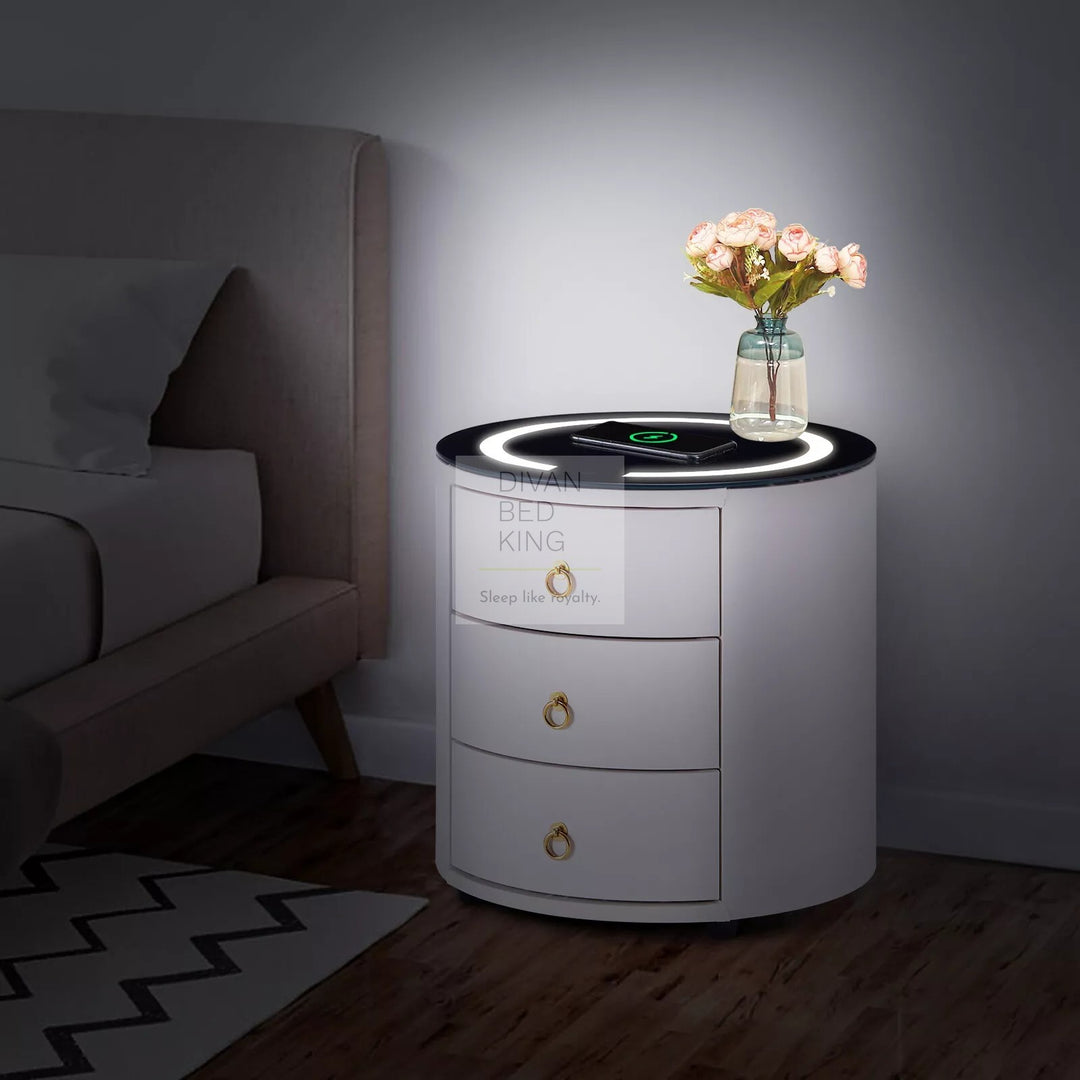 Adrastea White Leather 3 Drawer Smart LED Bedside Table with Wireless Charging