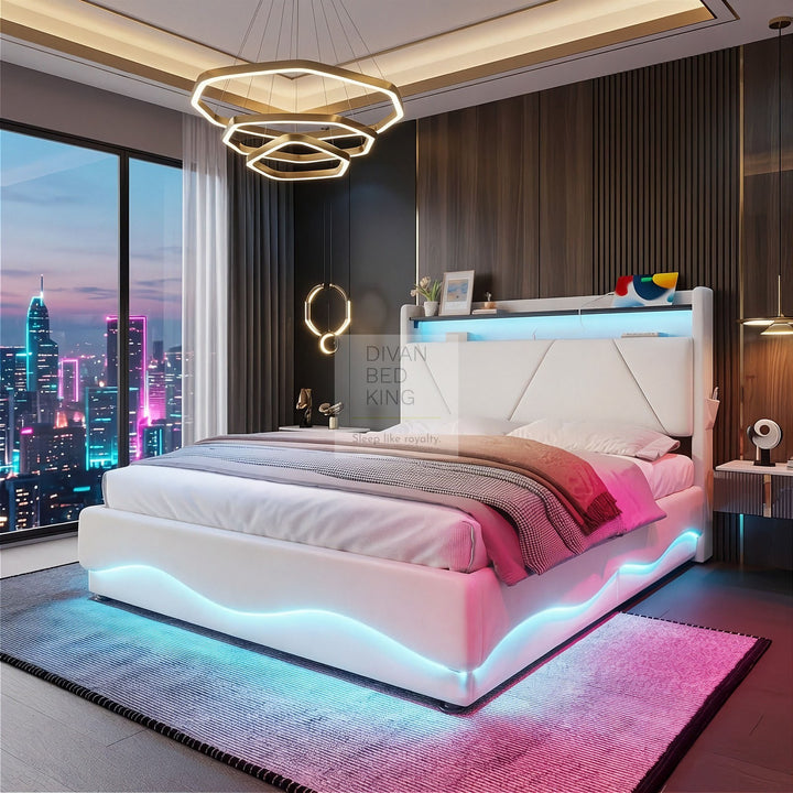 Aviana Wave LED Beige Velvet Ottoman Storage Bed Frame with USB Type C Charging Station on Headboard Storage Shelf