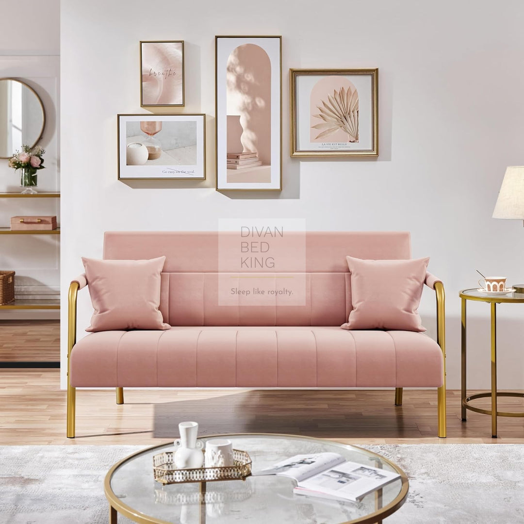 Parisa Pink Velvet Velour Sofa Love Seat with Gold Metal Legs