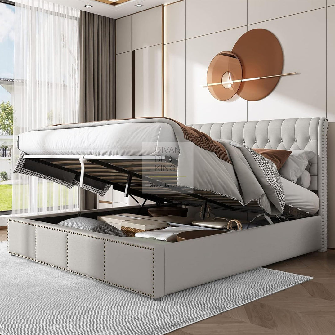 Dangelo Luxury Grey Linen Sleigh Bed Frame with Optional Storage Box