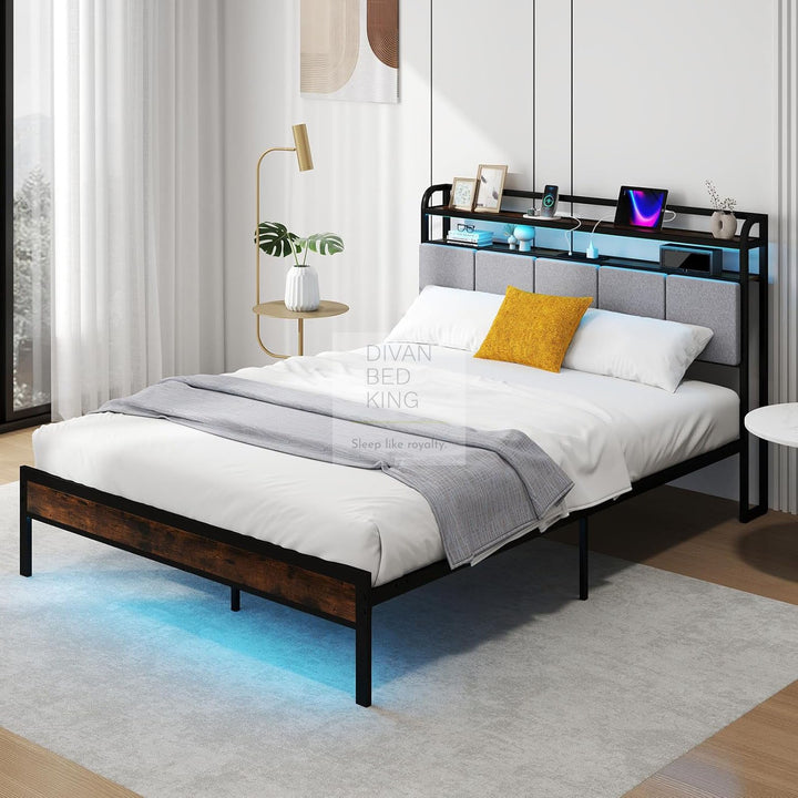 Henry Off-White Grey Linen Metal Smart Bed with 4 Optional Drawers with Headboard Shelves, LED, USB, Type-C Ports and Power Outlets
