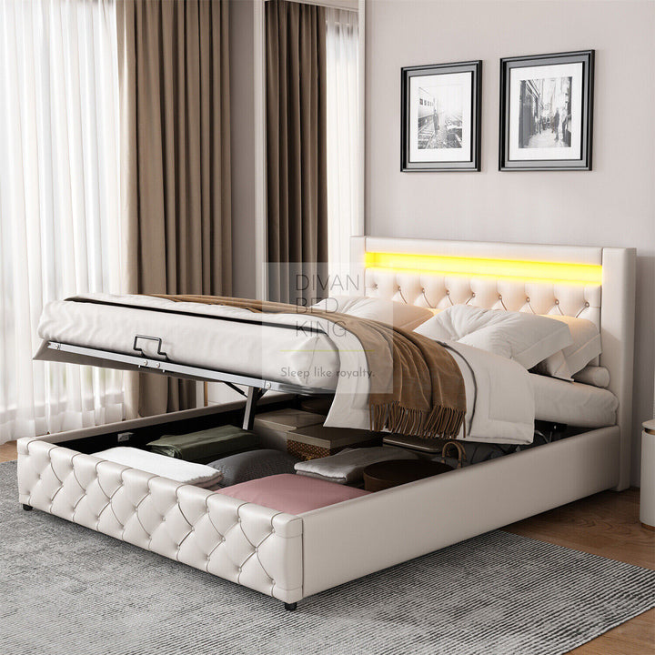 Santiago LED 4ft6 Double White Leather Ottoman Storage Bed