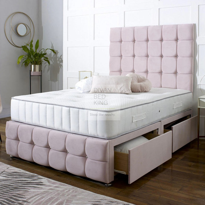 Aeiress Pink Cube Designer Divan Bed With Luxury Headboard and Footboard